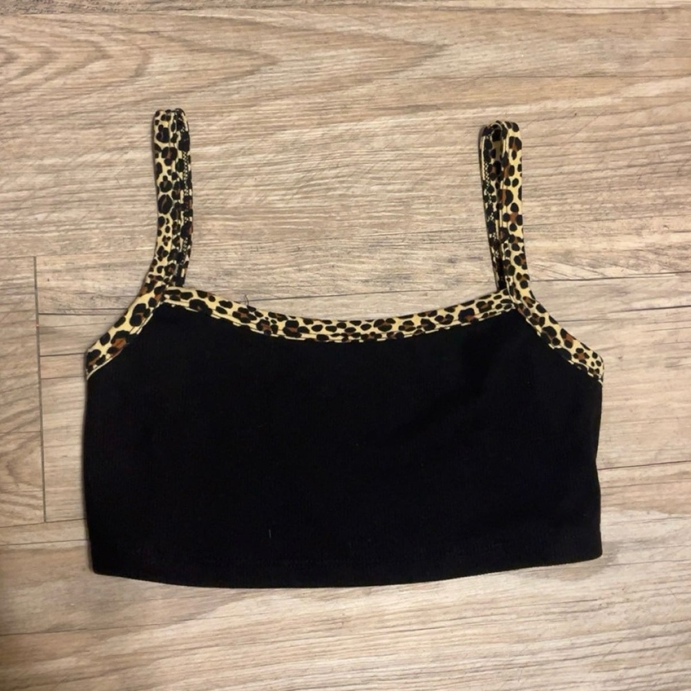 Leopard Trim Black Crop Top